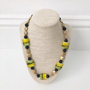 NWT Genuine Murano Glass, Pearls & Black Onyx Beaded Necklace Green Yellow Gold
